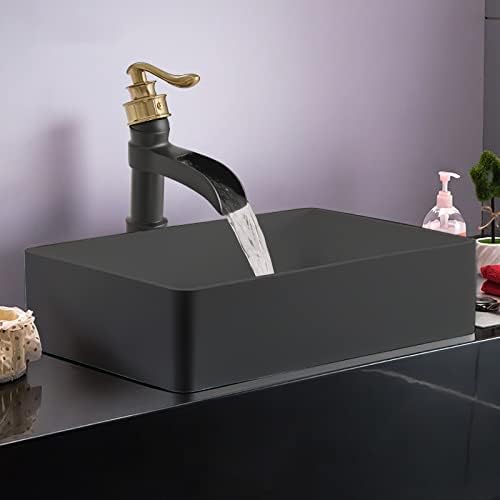 BWE Vessel Sink Faucet - Black and Gold Waterfall Bathroom Faucet with Single Handle