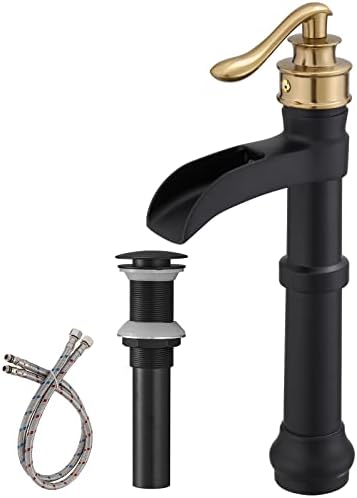 BWE Vessel Sink Faucet - Black and Gold Waterfall Bathroom Faucet with Single Handle