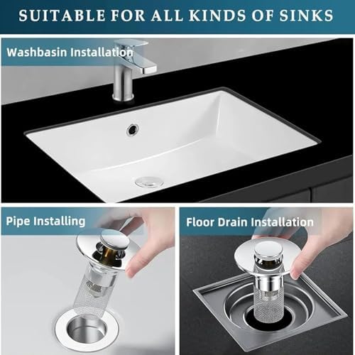 Stainless Steel Pop-Up Sink Drain Stopper with Hair Catcher Universal Fit
