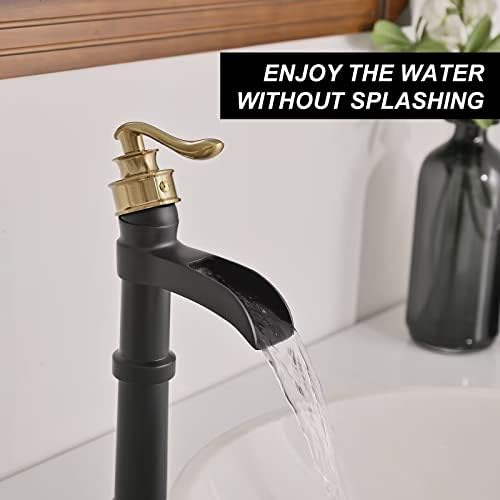 BWE Vessel Sink Faucet - Black and Gold Waterfall Bathroom Faucet with Single Handle