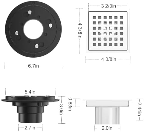 EXF Square 4-38 Chrome Stainless Steel Shower Drain Kit