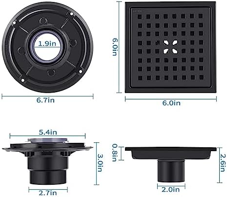 ELLOALLO 6 Inch Square Shower Drain with Flange and Matte Black Grate