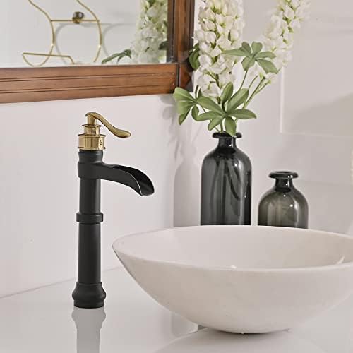 BWE Vessel Sink Faucet - Black and Gold Waterfall Bathroom Faucet with Single Handle