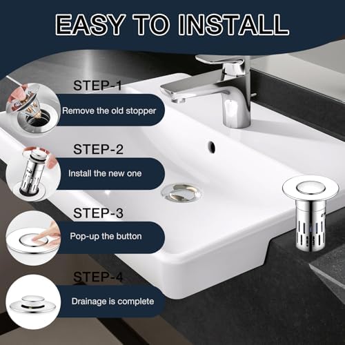 2-Piece Bath Sink Stopper with Hair Strainer Stainless Steel Bounce Design