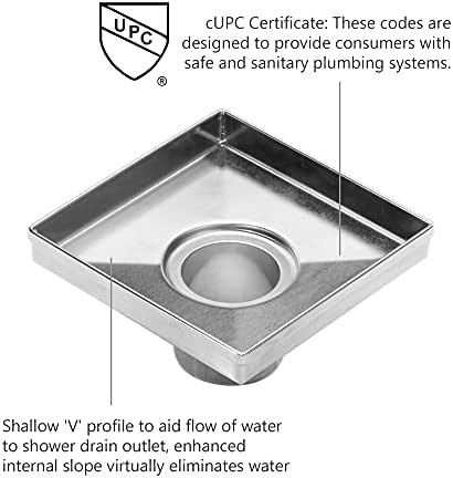 HEATGENE 6-Inch Square Stainless Steel Shower Drain with Brushed Finish