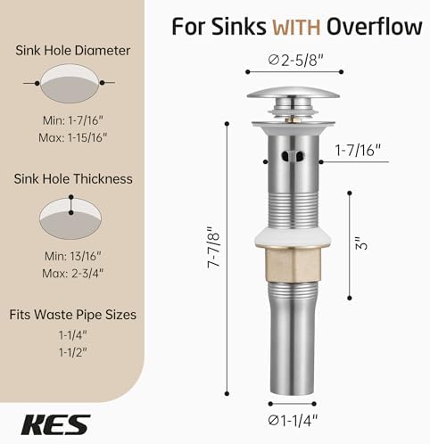 KES All Metal Bathroom Sink Drain with Strainer Basket