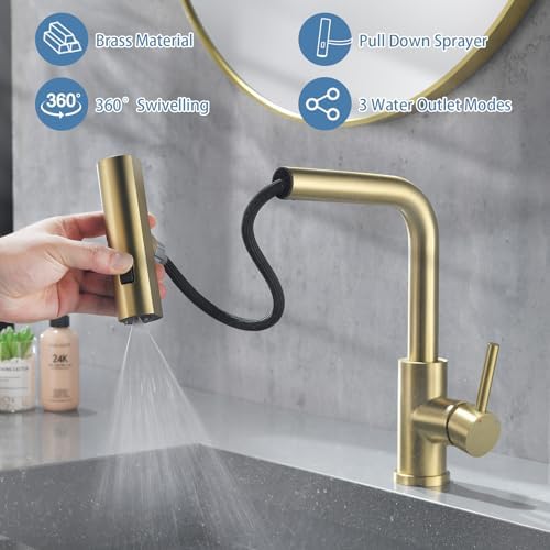 Brushed Gold Pull Out Bathroom Faucet