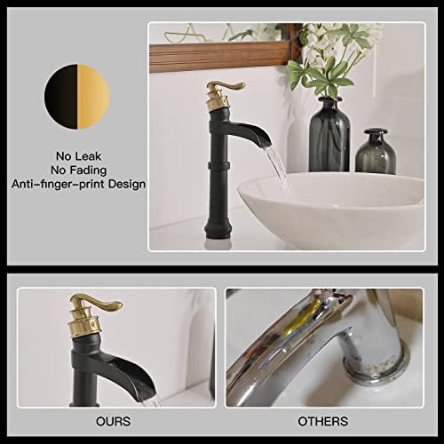 BWE Vessel Sink Faucet - Black and Gold Waterfall Bathroom Faucet with Single Handle