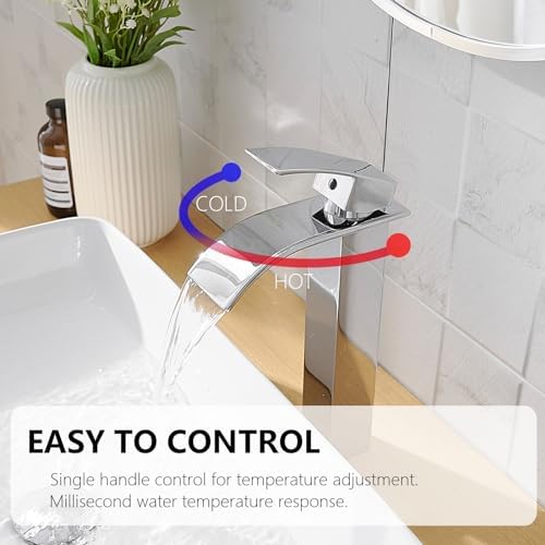 Chrome Vessel Sink Faucet with Waterfall Spout and Pop Up Drain