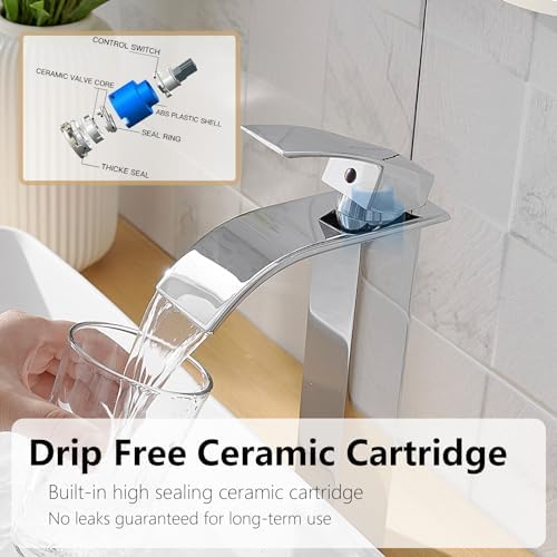 Chrome Vessel Sink Faucet with Waterfall Spout and Pop Up Drain