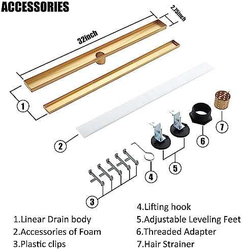 JECONNY 32-Inch Linear Shower Drain with Removable Square Hole Panel Stainless Steel