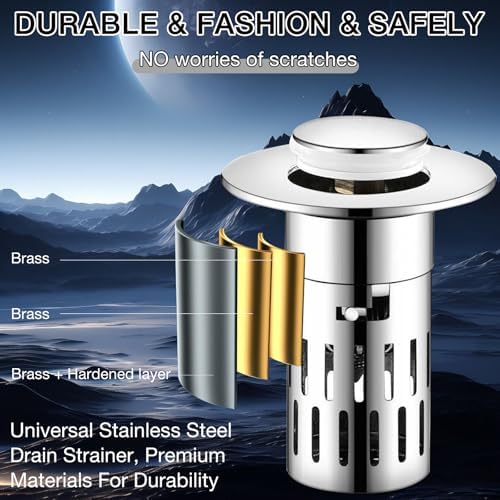 2-Piece Bath Sink Stopper with Hair Strainer Stainless Steel Bounce Design