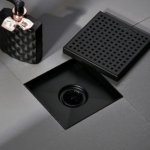 ELLOALLO 6 Inch Square Shower Drain with Flange and Matte Black Grate
