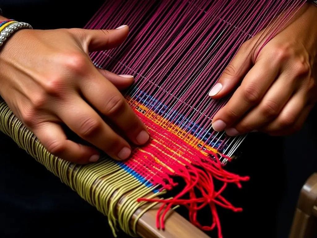 A close-up shot of a weaver's hands meticulously working on a loom, creating a handwoven textile with intricate patterns. The image highlights the artisan's skill and the detailed craftsmanship involved in creating NIMBLEARC's Artisan Crafts collection.