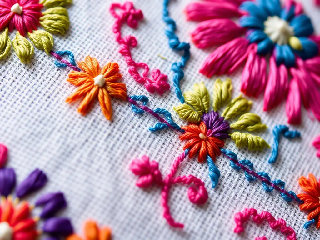 A detailed image showcasing the embroidery on a wall hanging from the Artisan Crafts collection. The embroidery features vibrant colors and intricate floral patterns, highlighting the artistic detail and craftsmanship.